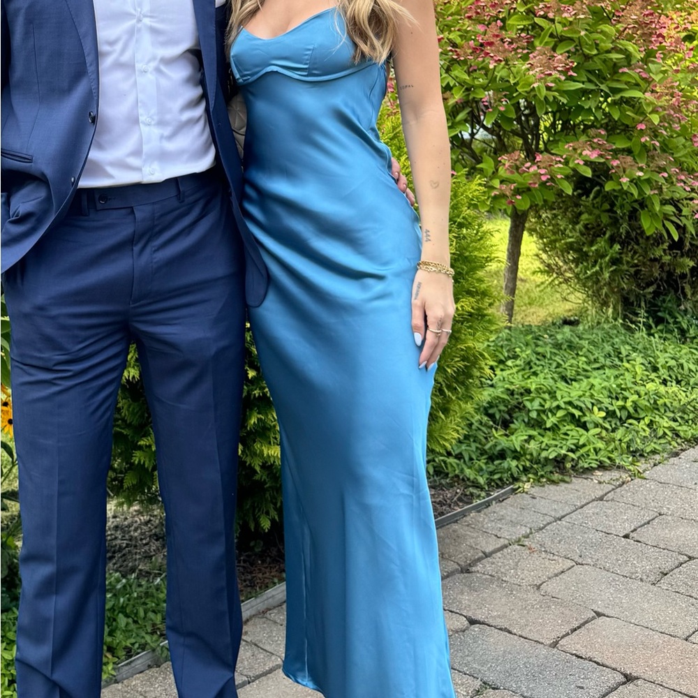Hello Molly Satin Maxi Slip Dress in Teal Blue